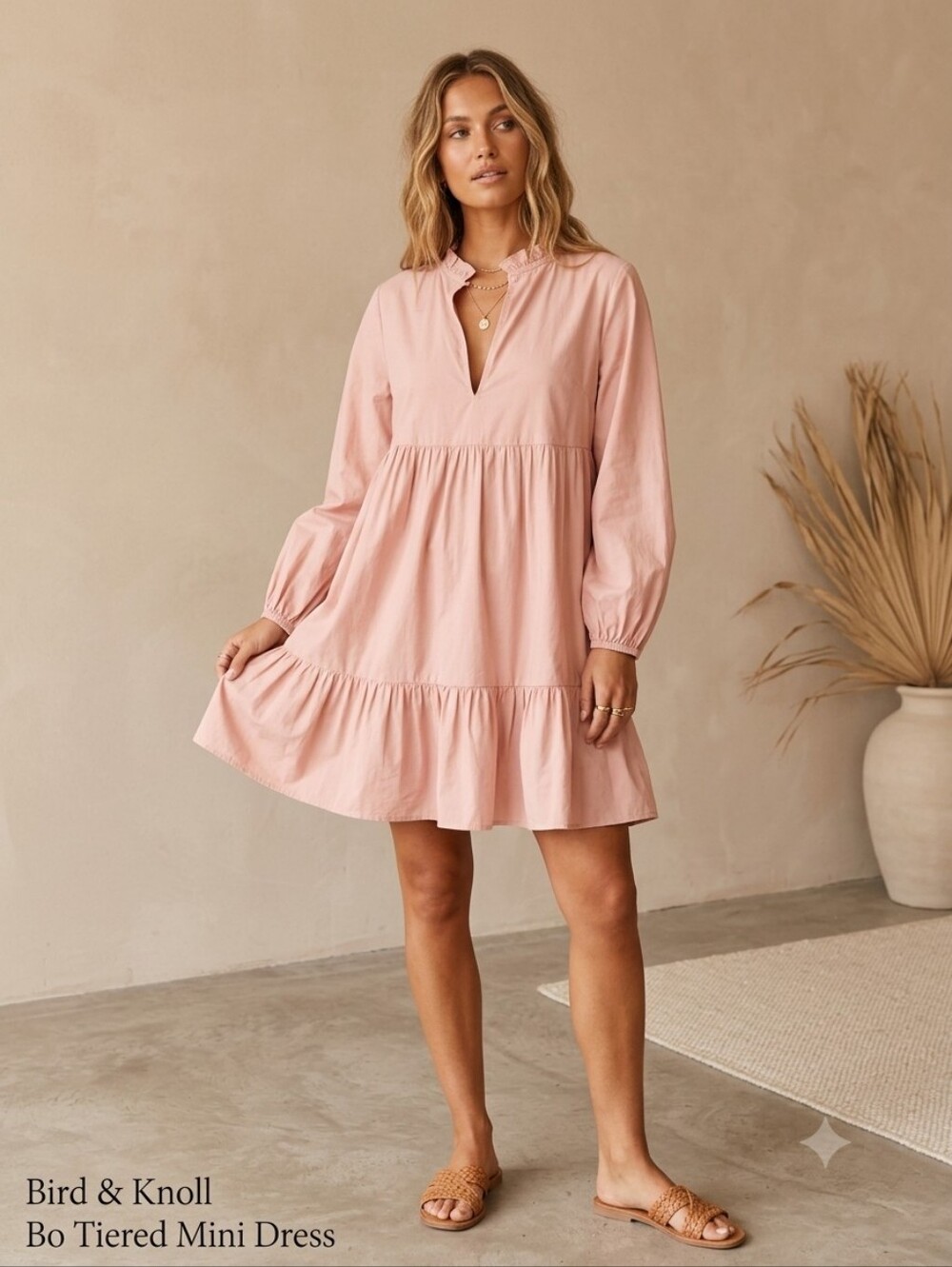 BIRD & KNOLL Bo Tiered Mini Dress Blush Pink Mauve Size Small